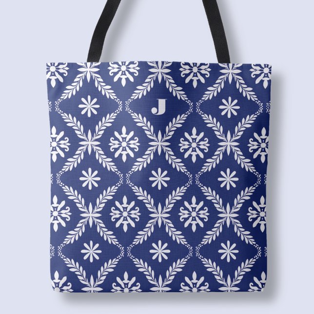 Personligt brev Elegant Blått Mönster Initial Tygkasse (Personalized Letter Elegant Blue Pattern Initial Tote Bag)