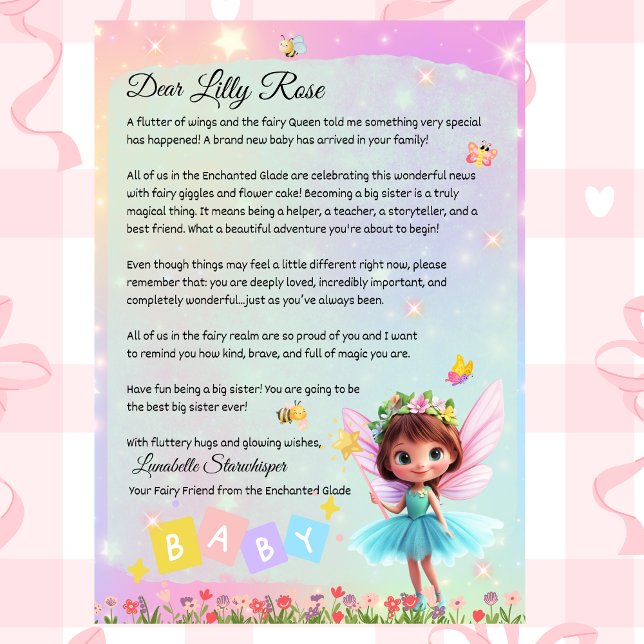 Personligt brev till storesyster från fe – Nytt ba Inbjudningar (Personalized Big Sister Fairy LetterNew Baby Arrival – Custom Printable from Lunabelle Starwhisper)