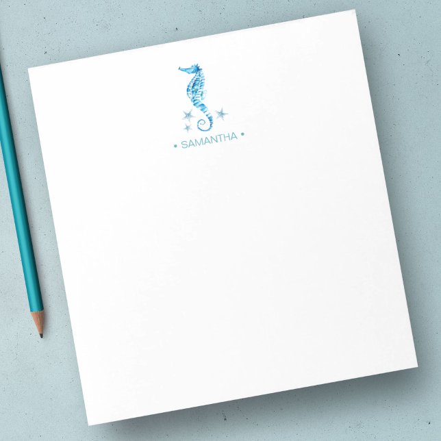 Personligt brevpapper med akvarell sjöhästar anteckningsblock (Seahorse custom notepad unique watercolor art by Victoria Grigaliunas)