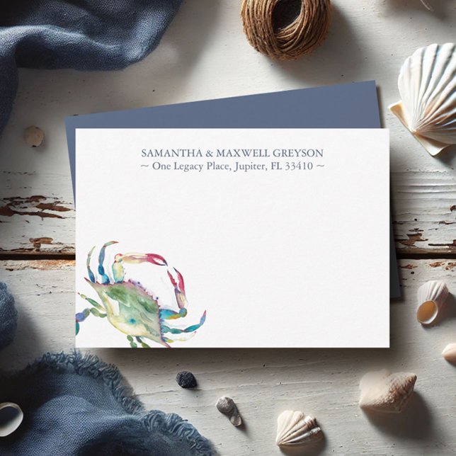 Personligt brevpapper med Blå Krabba Anteckningskort (Watercolor blue crab personalized notecards unique art by Victoria Grigaliunas of Do Tell A Belle)
