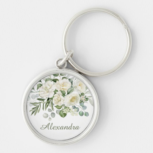 Personligt bröllopsdampresent med vit blomma rund silverfärgad nyckelring (Framsidan)