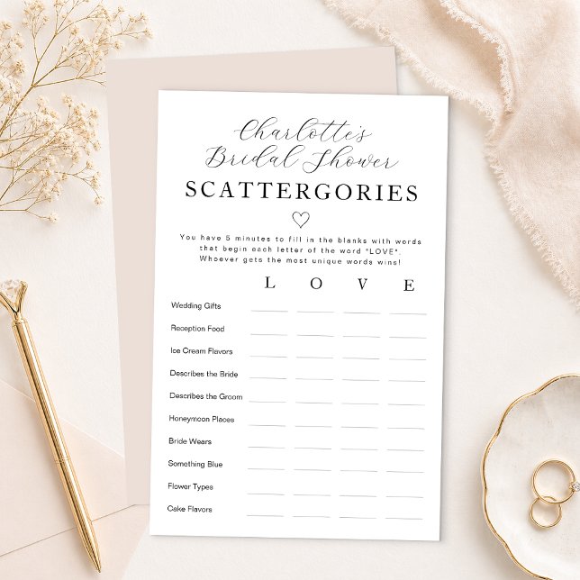 Personligt Bröllopsdusch Scattergories-spel (Bridal Shower Game Card)