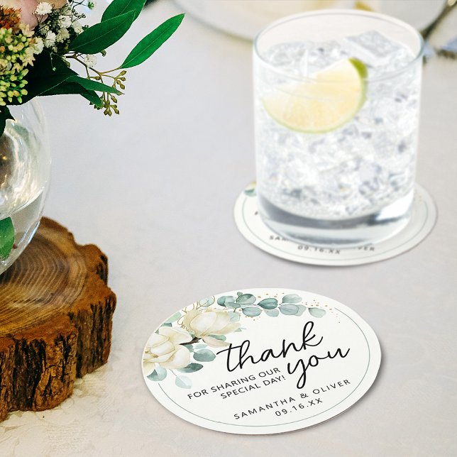 Personligt bröllopsfavorit Magnolia Eucalyptus Underlägg Papper Rund (Personalized Wedding Favor Magnolia Eucalyptus Round Paper Coaster)