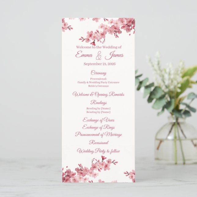 Personligt bröllopsprogram med körsbärsblomtema. program (Stående Fram)
