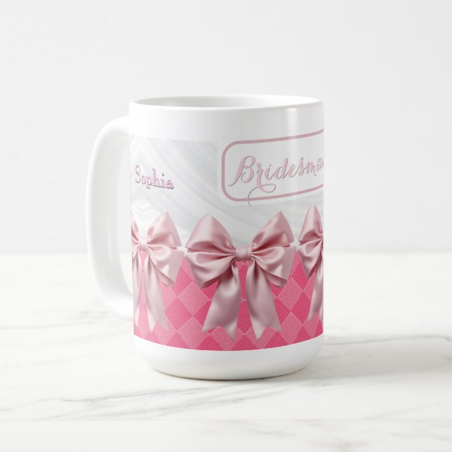 Personligt bröllp Bridesmaid Gift Rosa Bow Coquett Kaffemugg (Framsida vänster)