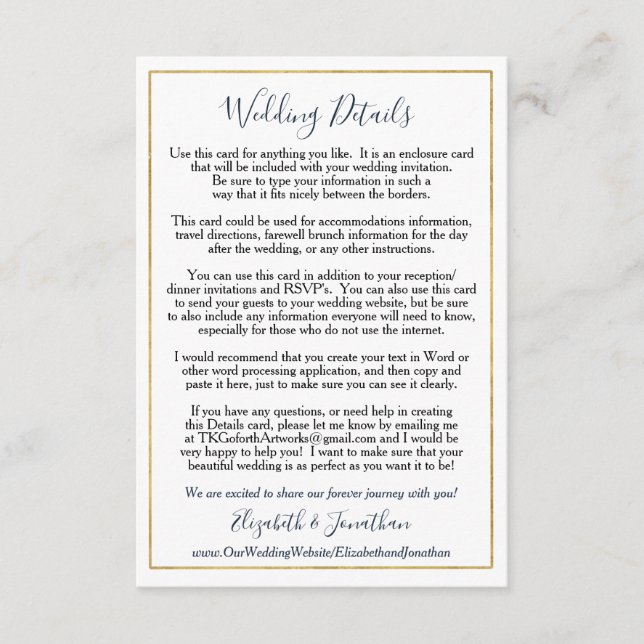 Personligt bröllp Elegant Navy Guld Tilläggskort (Framsida)