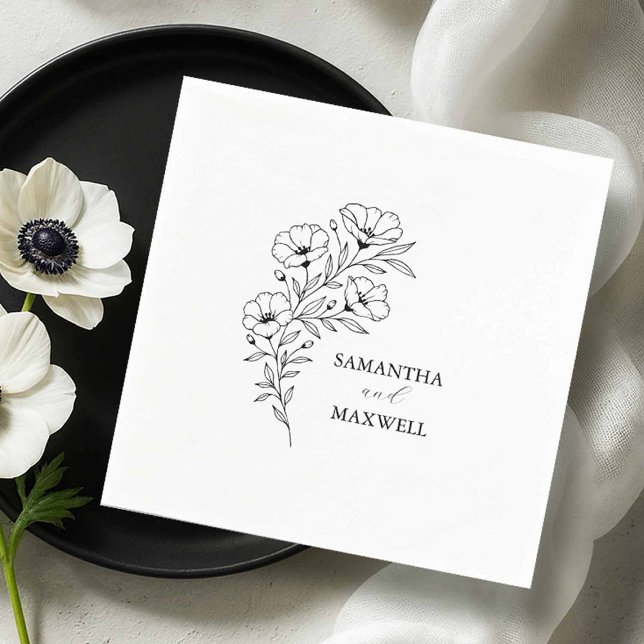 Personligt bröllp Napkins Black and White Blommigt Pappersservett (custom wedding napkins black and white anemone flowers line art by Victoria of Do Tell A Belle)