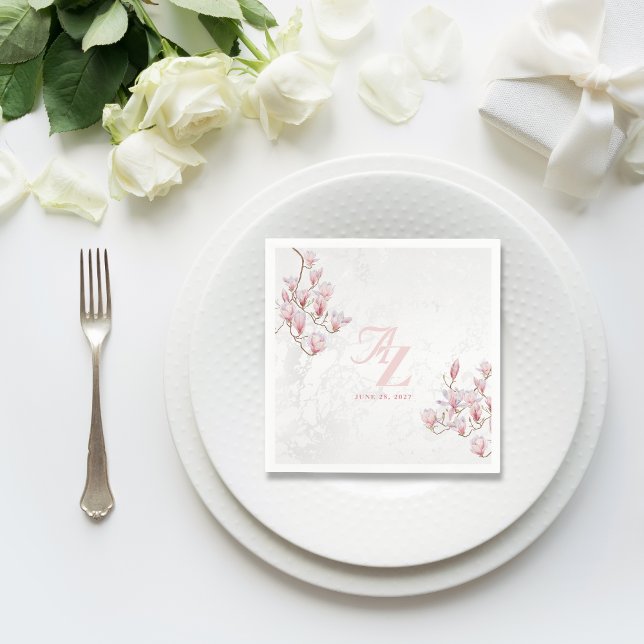 Personligt bröllp Napkins med Watercolor Magnolias Pappersservett (Skapare uppladdad)