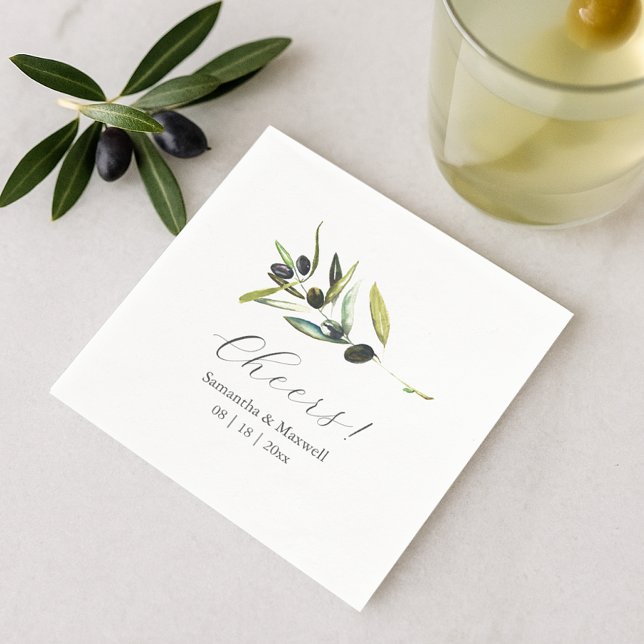 Personligt bröllp Napkins Simple Olive Gren Pappersservett (a flat lay of olive wedding theme cocktail napkins watercolor art by Victoria Grigaliunas)