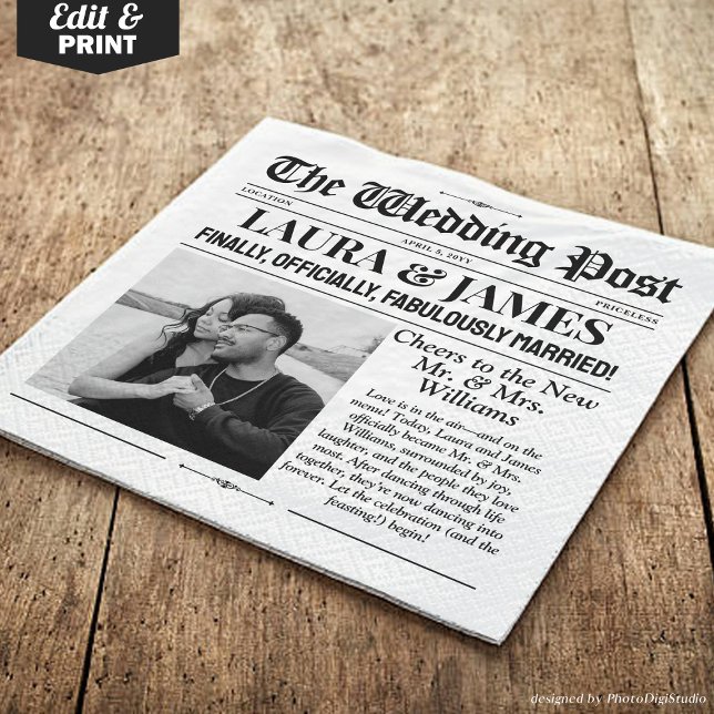 Personligt bröllp Newspaper Napkins | Roligt Bröll Pappersservett (Custom Wedding Newspaper Napkins | Fun Wedding Tab)