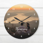 Personligt bröllp Photo Monogrammed Stor Klocka<br><div class="desc">Skapa en speciell personlig av typen runt eller fyrkantig väggklocka med bröllop-fotot, namn monogram och fastställt datum. Utformningen har ett enkelt modernt typsnitt överlagt på fullt utfallsfoto. Använda verktyg att välja vilket typsnitt och färg som helst för att matcha din egen hemskör stil. En anpassningsbar-klocka är en unik julklapp för...</div>