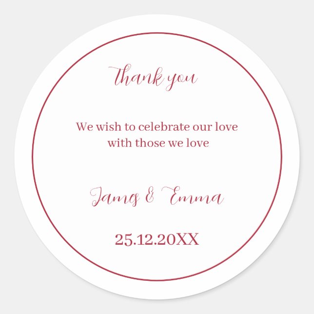 Personligt bröllp Simple Red Runt Klistermärke (Framsida)