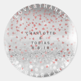 Personligt bröllp Tack Rosa ros Heart Silver Runt Klistermärke