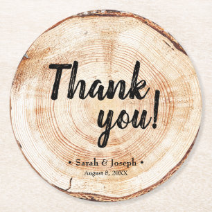 Personligt bröllp Tack Wood Grain Rustic Underlägg Papper Rund