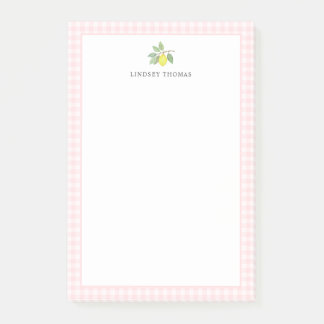 Personligt citrongul rosa gingham-kant post-it block