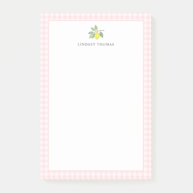 Personligt citrongul rosa gingham-kant post-it block (Framsida)