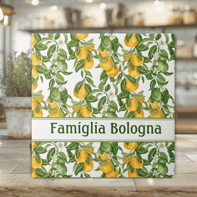 Personligt Citronmönster Kakelplatta (Personalized Lemons and leaves on white ceramic tile Italian wedding housewarming gift)