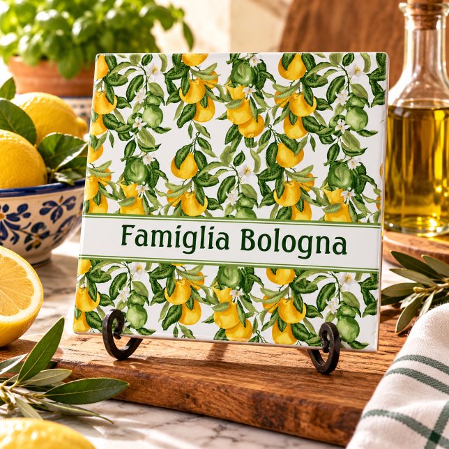 Personligt Citronmönster Kakelplatta (Personalized Italian Lemon Ceramic Tile with Custom Family Name Wedding Housewarming Shower)