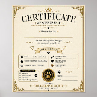 Personligt Cockapoo-ägarcertifikat – hundgåva Poster