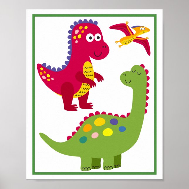 Personligt dinosaurie barn konsttryck set poster (Framsidan)