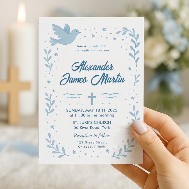 Personligt dop-inkallande med duva och stjärna inbjudningar (baptism-invitation-blue-dove-stars

)