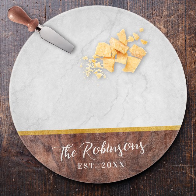 Personligt efternamn Est-datum runt glas (Personalized Last Name Est Date Round Glass Cutting Board Custom Housewarming Gift Charcuterie Board)