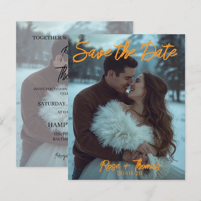 Personligt enkel modern vinter bröllopskort (Fram/baksida)