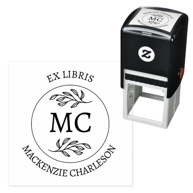 Personligt Ex Libris Bokbibliotek för Monogram Bok Självfärgande Stämpel (Botanical Leaf classical monogram initial personalized Ex Libris from the library of self ink stamp)