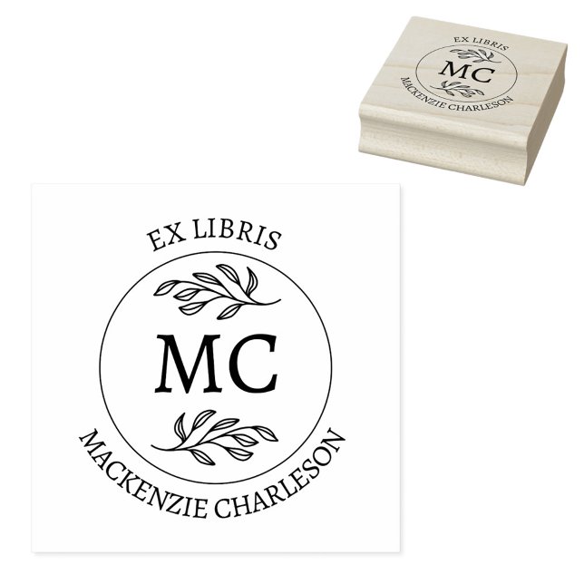 Personligt Ex Libris Monogram Bokmärke Stämpel (Botanical Leaf classical monogram initial personalized Ex Libris from the library of rubber stamp)