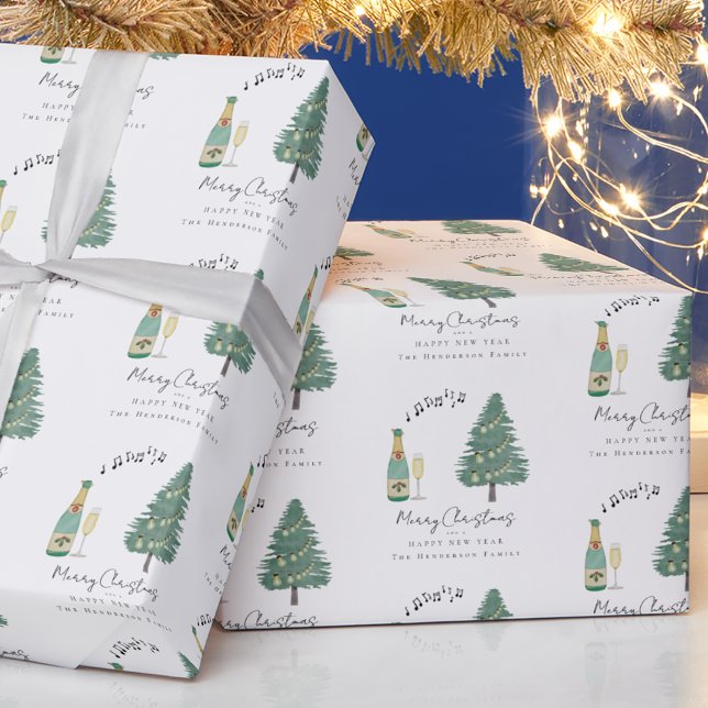 Personligt fantasifull musik vinträdnött jul presentpapper (Personalized merry Christmas happy new year family name whimsical tree wine music wrapping paper)