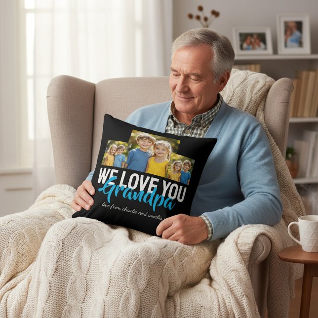 Personligt Farfar Foto Present Blå Text Design Kudde (Skapare uppladdad)
