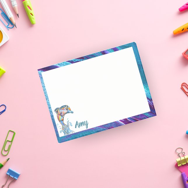 Personligt färgad penn-delfin som hoppar post-it block (Skapare uppladdad)