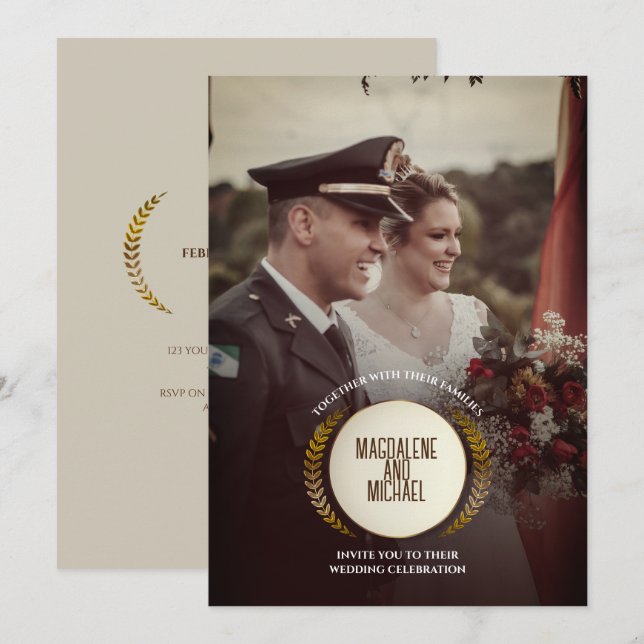 Personligt foto | Guld Laurel Löv Bröllop Inbjudningar (Fram/baksida)