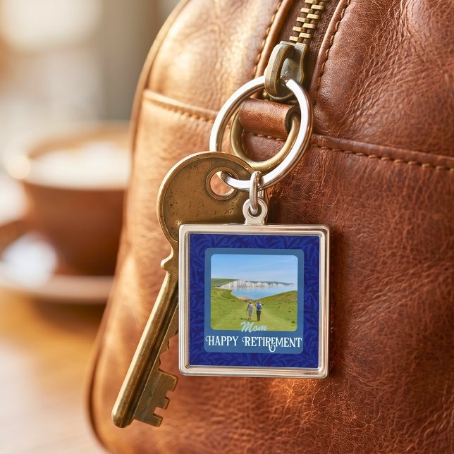 Personligt glada pensionspresenter för mamma Blå Fyrkantig Silverfärgad Nyckelring (Personalized Happy Retirement Gifts for Mom Blue Keychain)