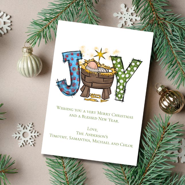 Personligt Glädje Baby Jesus Religiös Jul  Julkort (Joy Christmas Card Personalized Add your own greeting. Baby Jesus in Manger.)