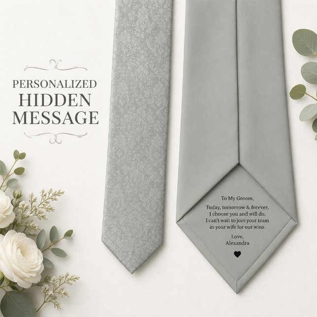 Personligt gömt meddelande Silver Damask Bröllop Slips (Personalized hidden message men's neck tie)