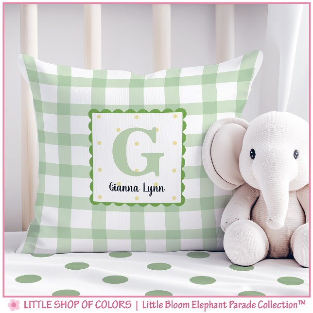 Personligt grönt Gingham-monogram-förlossningsrum Kudde (Skapare uppladdad)
