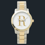 Personligt guldförnamnsinitialnamn armbandsur<br><div class="desc">Anpassad klocka med ditt namn och unika monogram. Klicka på Anpassa för att redigera teckensnitt och färger eller lägg till din egen text och bilder för att skapa en unik gåva. Lätt att anpassa. Skaffa din idag!</div>