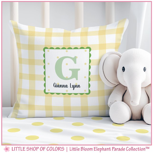 Personligt gult gingham-monogram-för barnkammare kudde (Skapare uppladdad)