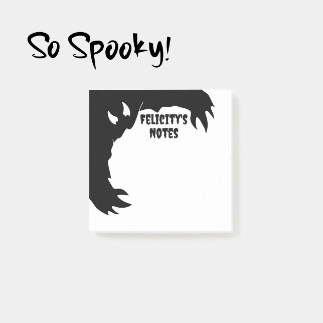 Personligt Halloween-block rolig monster       Post-it Block (Personalized Halloween notepad with a cartoon of a funny black hairy monster reaching for the notes.)