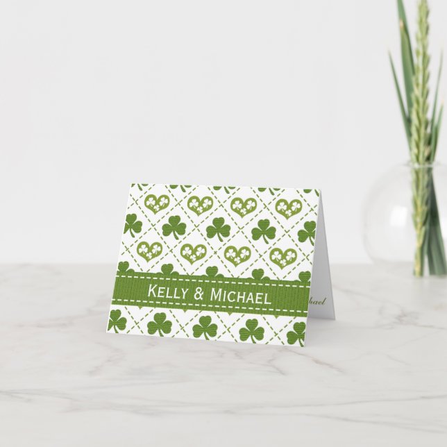 Personligt hjärta och shamrock bröllop tackkort (Framsida)