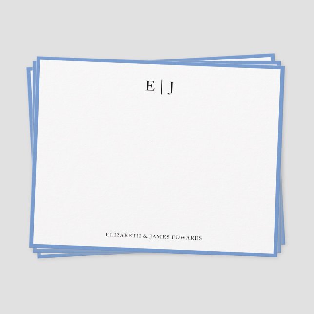 Personligt initialmonogram för par med blå ram anteckningskort (Blue border simple couple monogram note card)