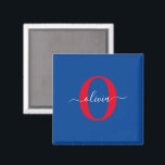 Personligt initialskriptnamn Blått Vitt Rött Magnet<br><div class="desc">Denna eleganta monogram och stilfulla namn design kan ges som en present för en födelsedag, bröllop, brudshow, årsdag, mors dag eller någon annan tillställning. Det kan anpassas med personens initial och namn. Du kan ändra typsnitt, typsnittsfärg, typsnittsstorlek och bakgrundsfärg med hjälp av Designverktyget. Typsnittsstorleken måste minskas för initialerna J och...</div>