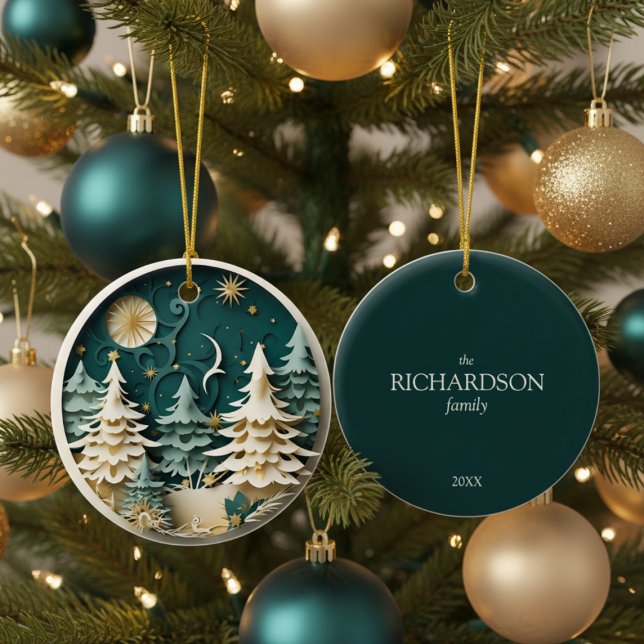 Personligt julgran för vinter julgransprydnad keramik (personalized 3D effect winter christmas tree forest ornament with custom family name and year )