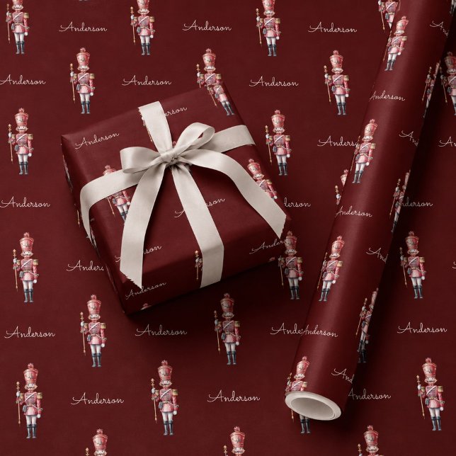Personligt julpapper med nötknäppare (personalized nutcracker wrapping paper paper custom name burgundy dark red)