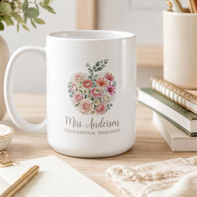 Personligt lärarnamn och titel Blommig äpple Kaffemugg (Skapare uppladdad)