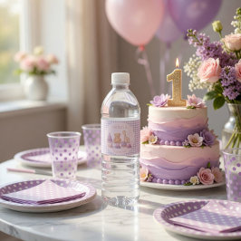 Personligt lavendelgingham 1-årsdag vattenflaskor etikett