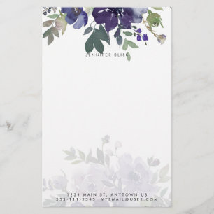 Personligt lila akvarell blomstermotiv brevpapper
