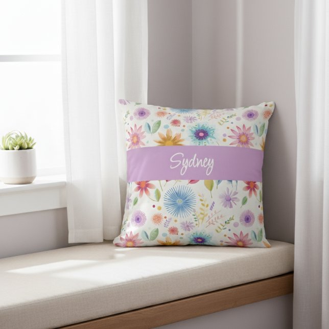 Personligt lila blått rosa boho vildblommamönster  kudde (Skapare uppladdad)
