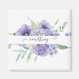 Personligt lila blommotiv i vattenfärg magnet